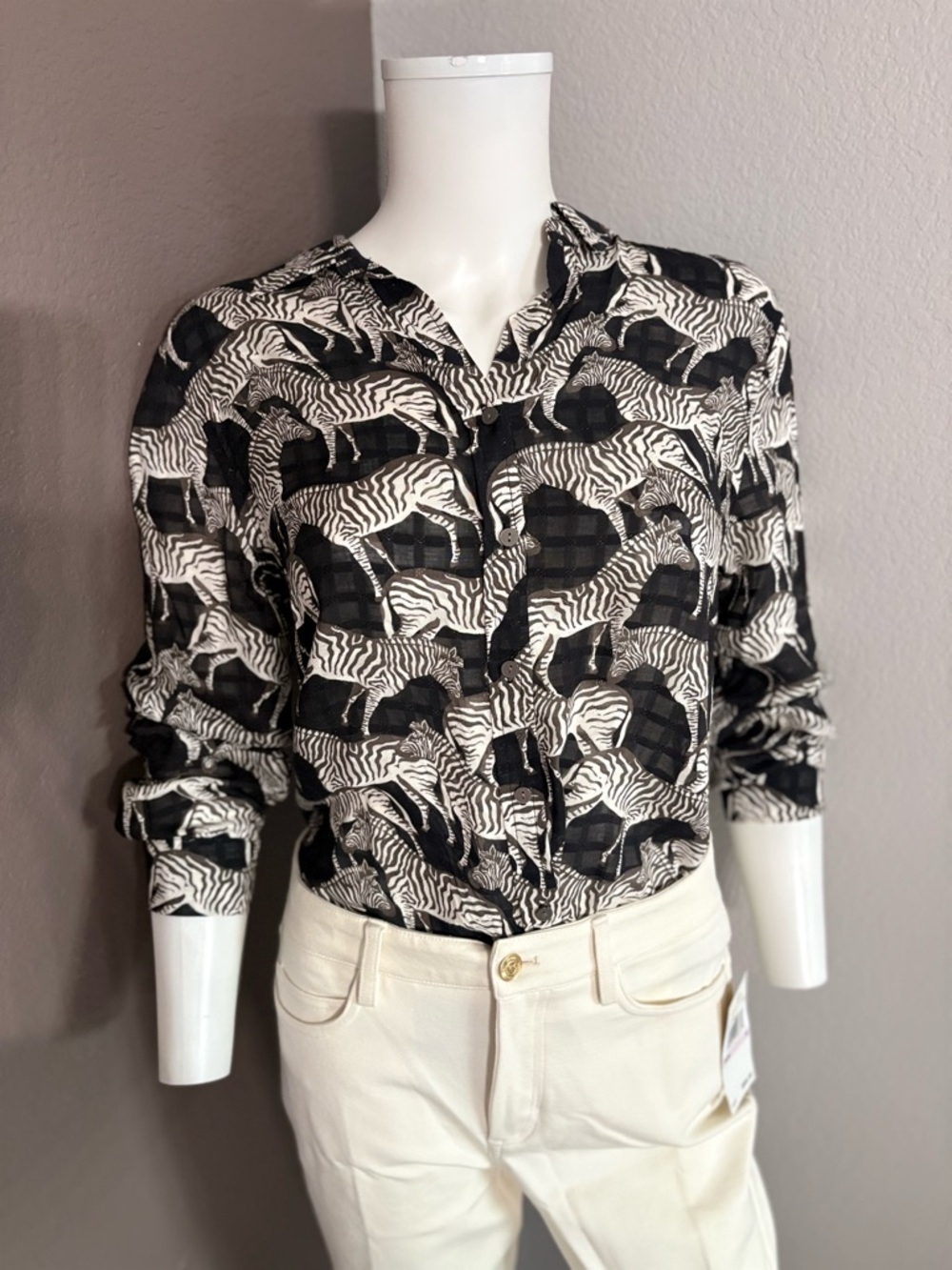 Jane and Delancey Black and White Zebra Pattern Button-Up